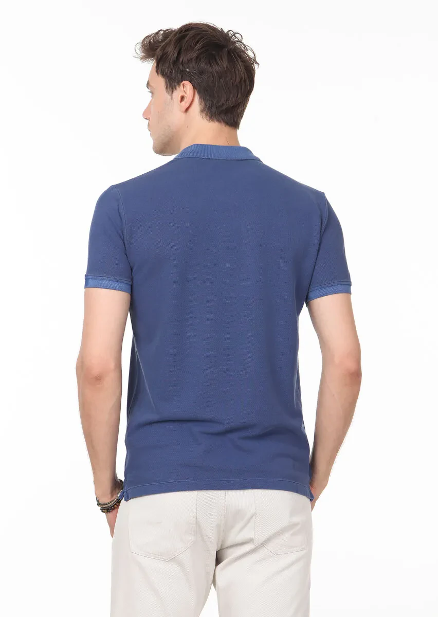 Indigo Plain Polo Neck 100% Cotton T-Shirt - 4