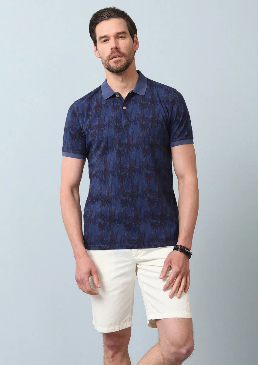 Indigo Plain Polo Neck 100% Cotton T-Shirt - 1