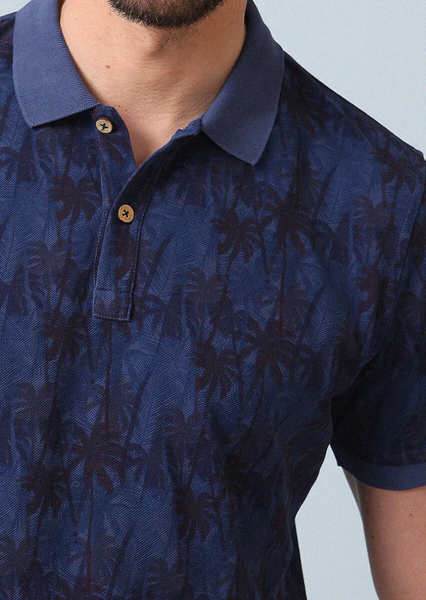 Indigo Plain Polo Neck 100% Cotton T-Shirt - 2