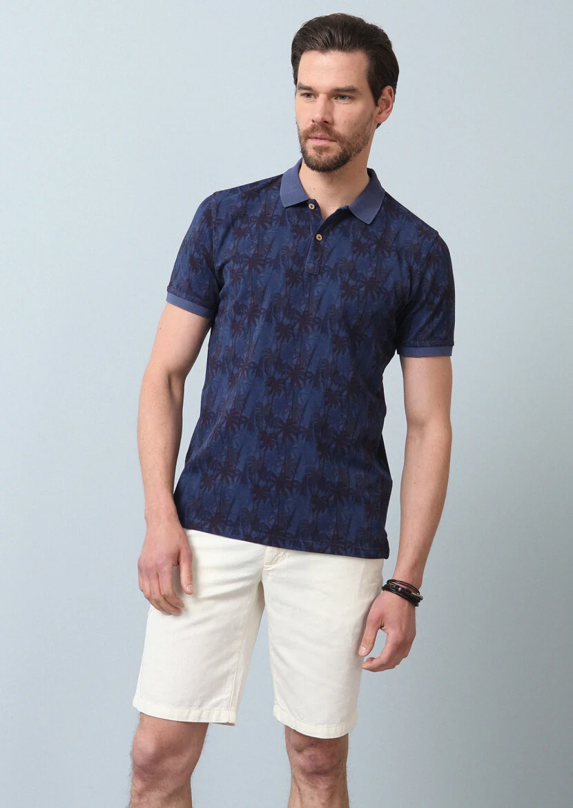 Indigo Plain Polo Neck 100% Cotton T-Shirt - 4