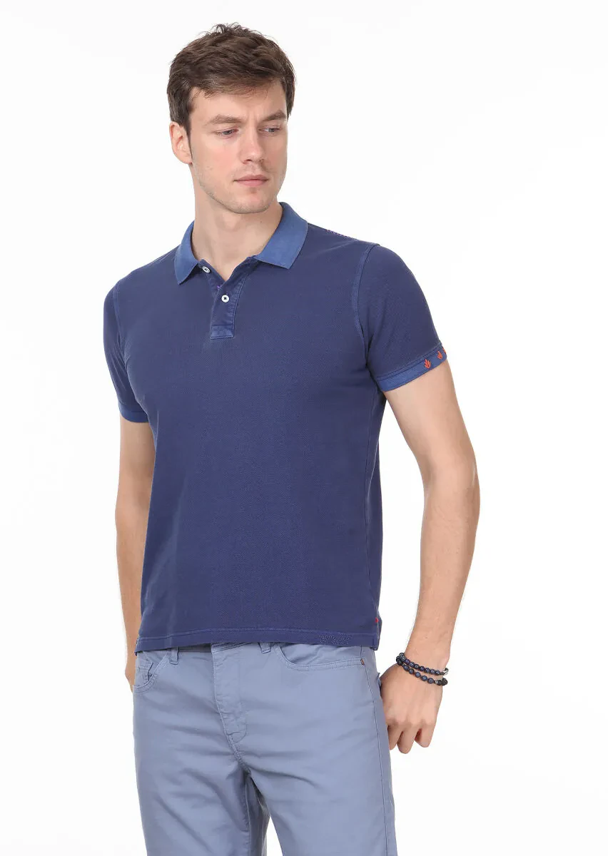 Indigo Plain Polo Neck 100% Cotton T-Shirt - 1