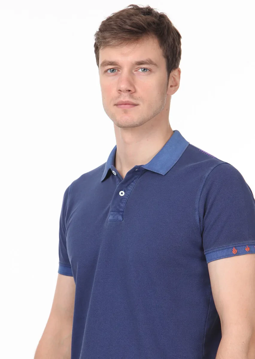 Indigo Plain Polo Neck 100% Cotton T-Shirt - 2