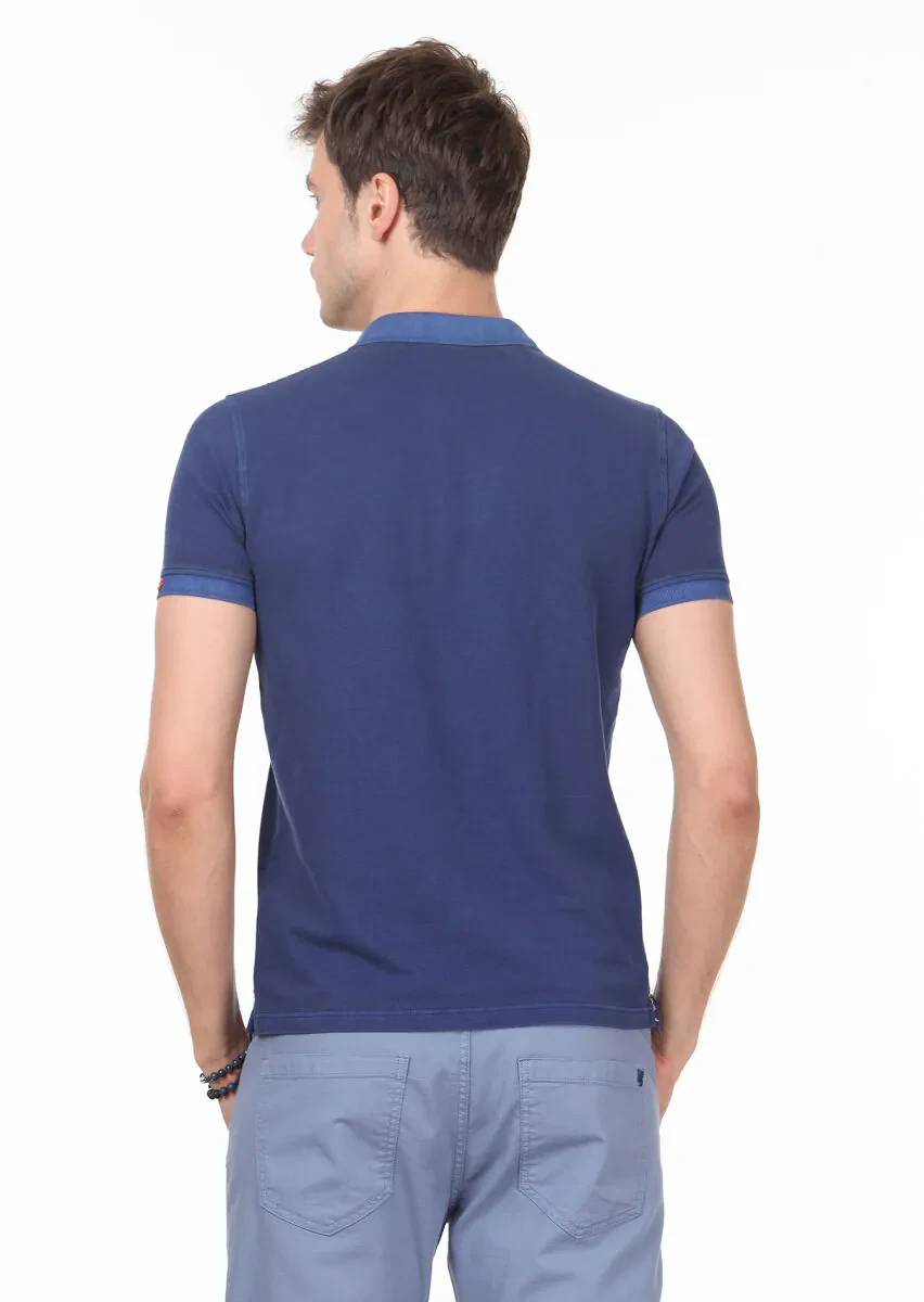 Indigo Plain Polo Neck 100% Cotton T-Shirt - 4