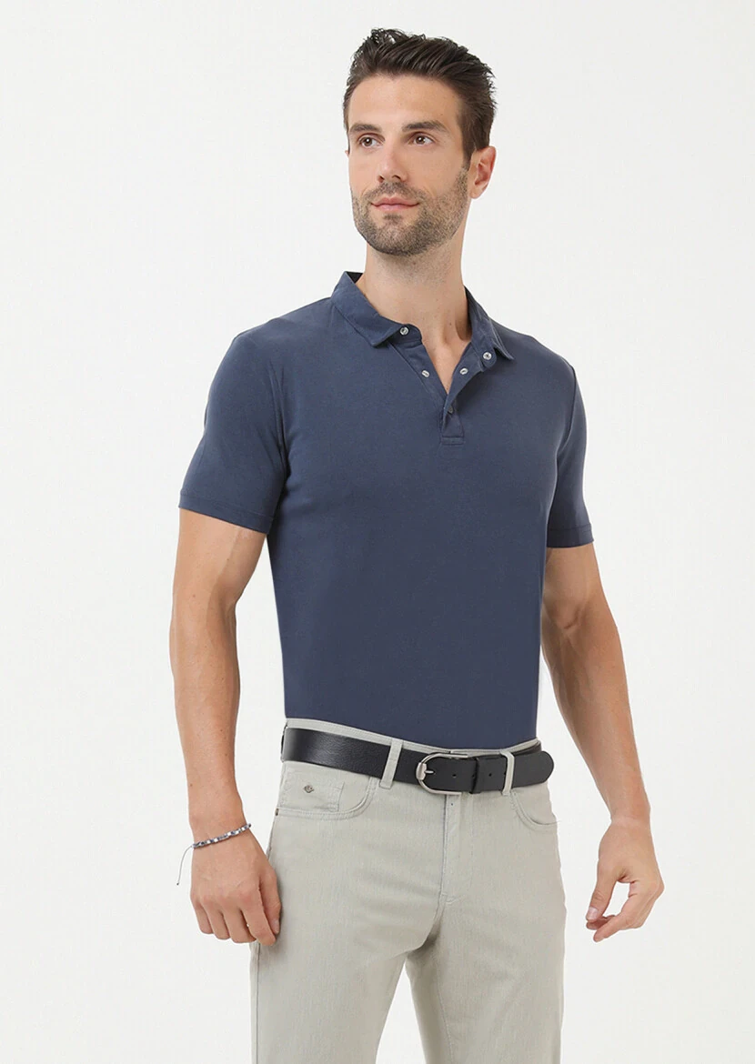 Indigo Plain Polo Neck 100% Cotton T-Shirt - 1