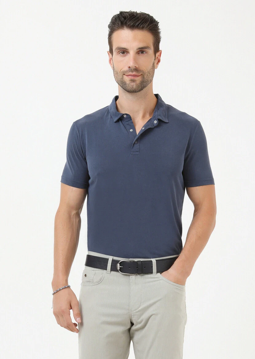 Indigo Plain Polo Neck 100% Cotton T-Shirt 