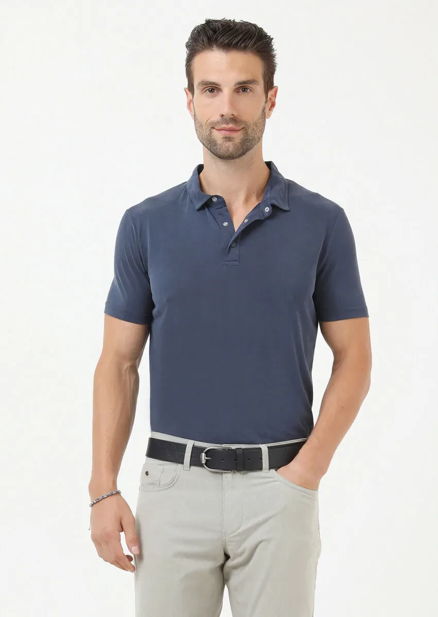 Indigo Plain Polo Neck 100% Cotton T-Shirt - 2