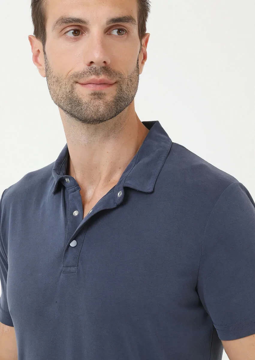 Indigo Plain Polo Neck 100% Cotton T-Shirt - 3