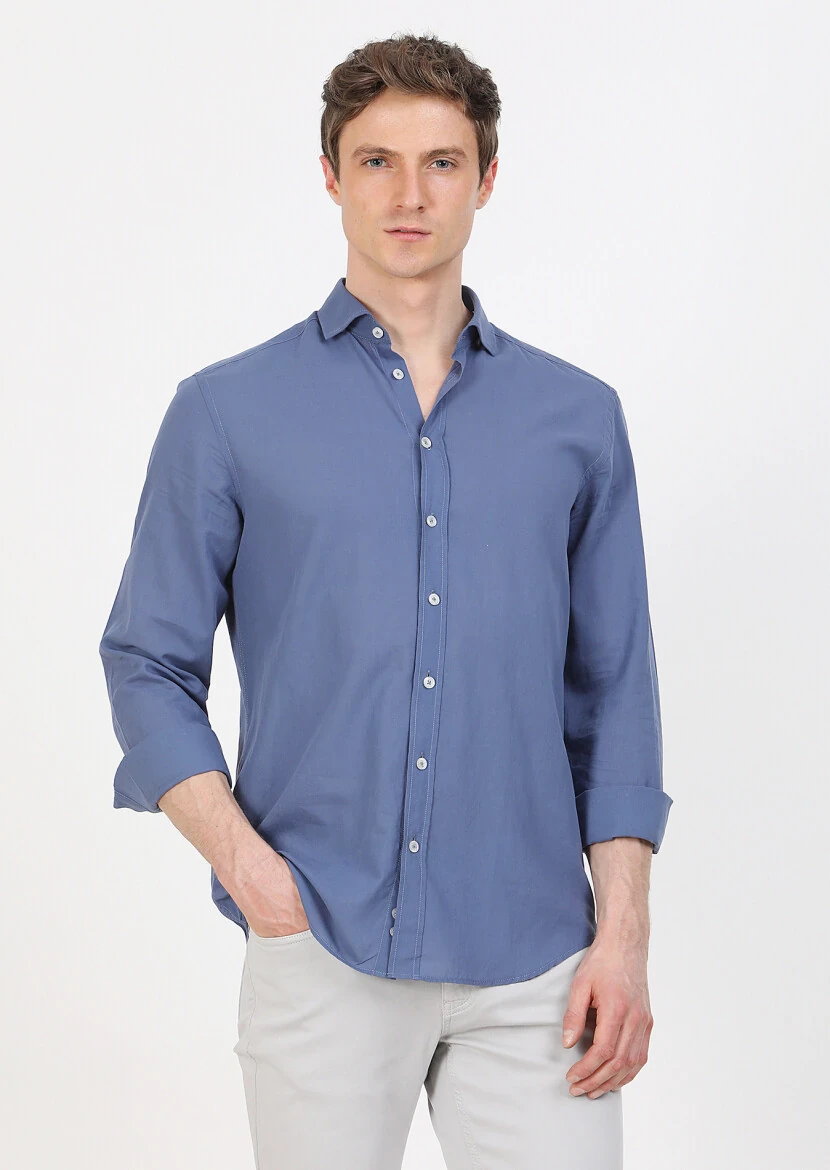 Indigo Plain Regular Fit Weaving Casual 100% Cotton Shirt - 1
