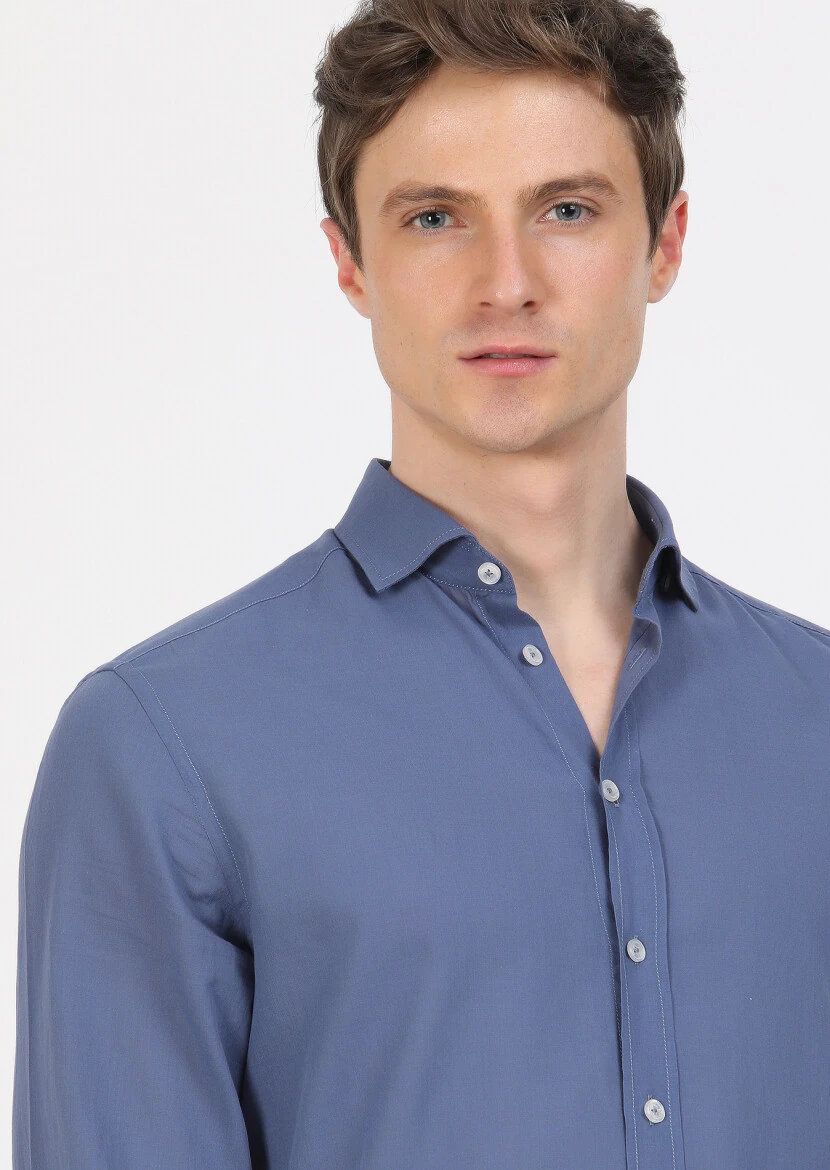 Indigo Plain Regular Fit Weaving Casual 100% Cotton Shirt - 3