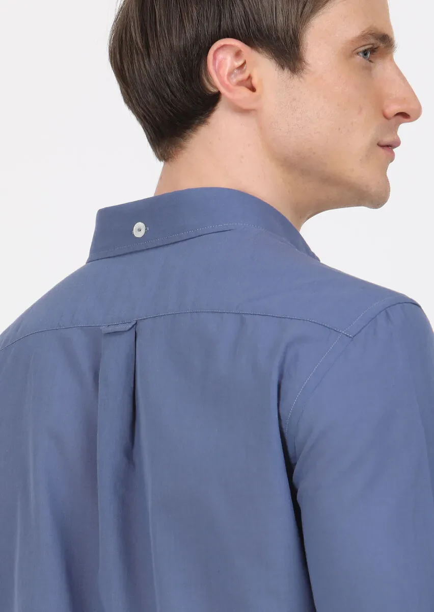 Indigo Plain Regular Fit Weaving Casual 100% Cotton Shirt - 4