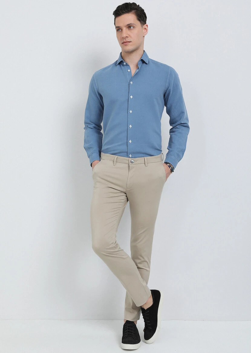 Indigo Plain Regular Fit Weaving Casual Cotton Blended Shirt - 1