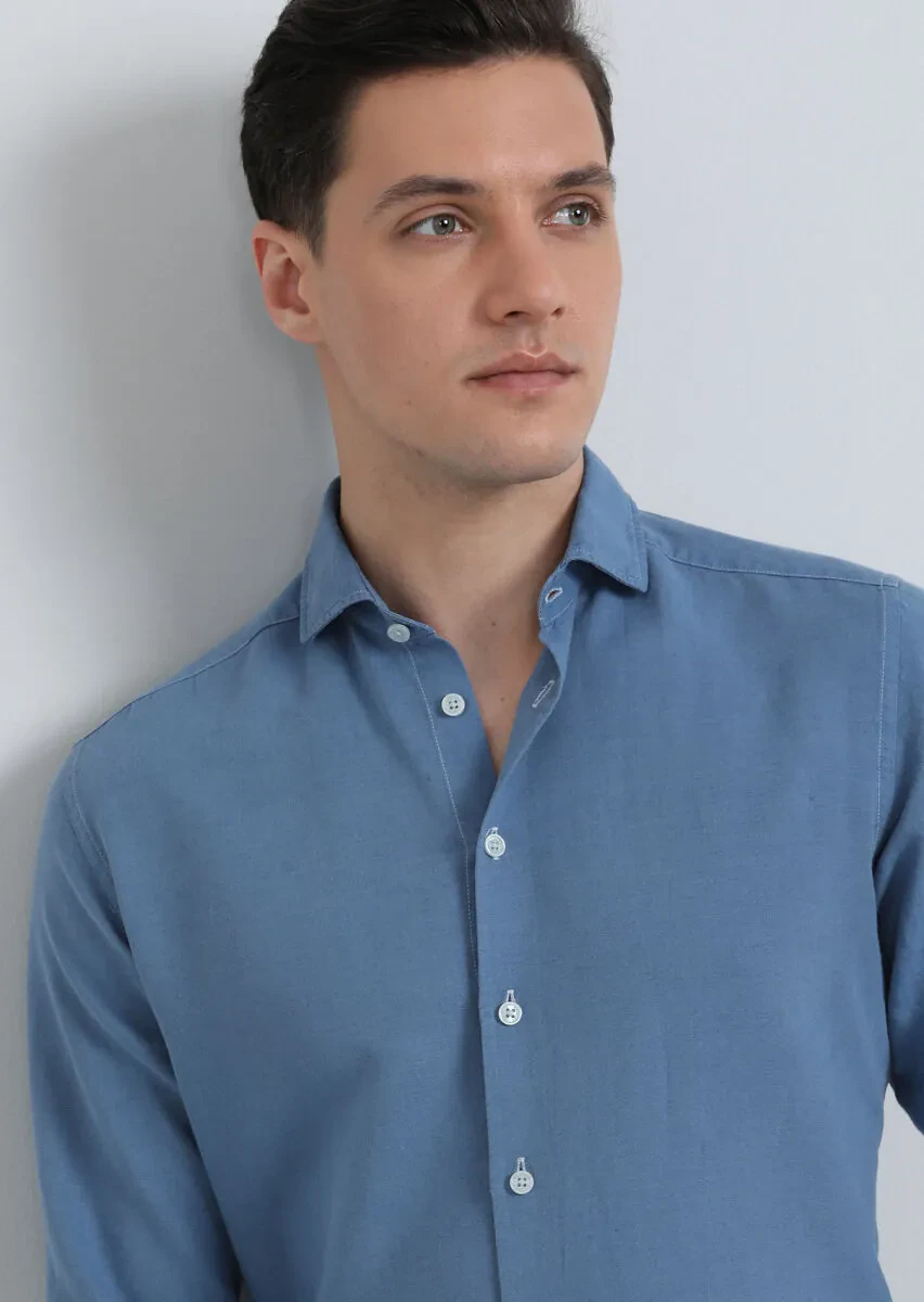 Indigo Plain Regular Fit Weaving Casual Cotton Blended Shirt - 3