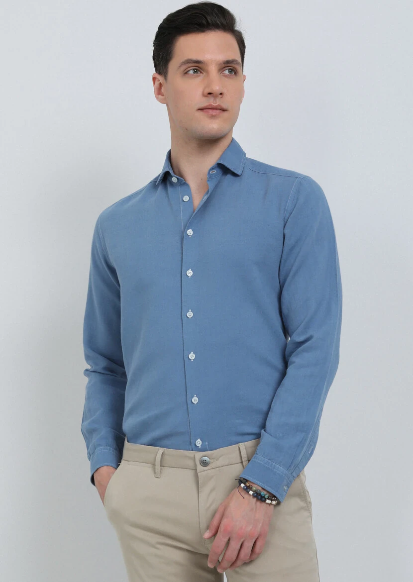 Indigo Plain Regular Fit Weaving Casual Cotton Blended Shirt - 4