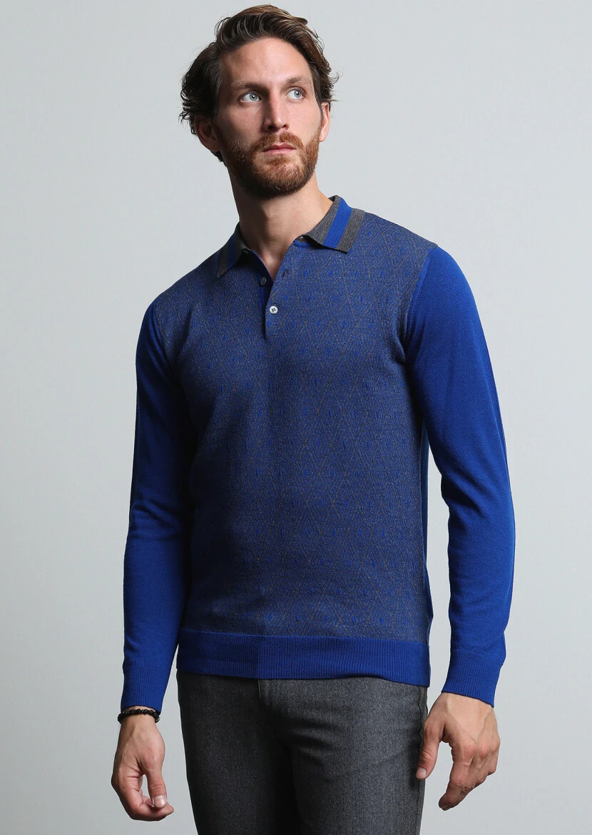 İndigo Polo Yaka Jakarlı %100 Yün Triko Kazak - 1