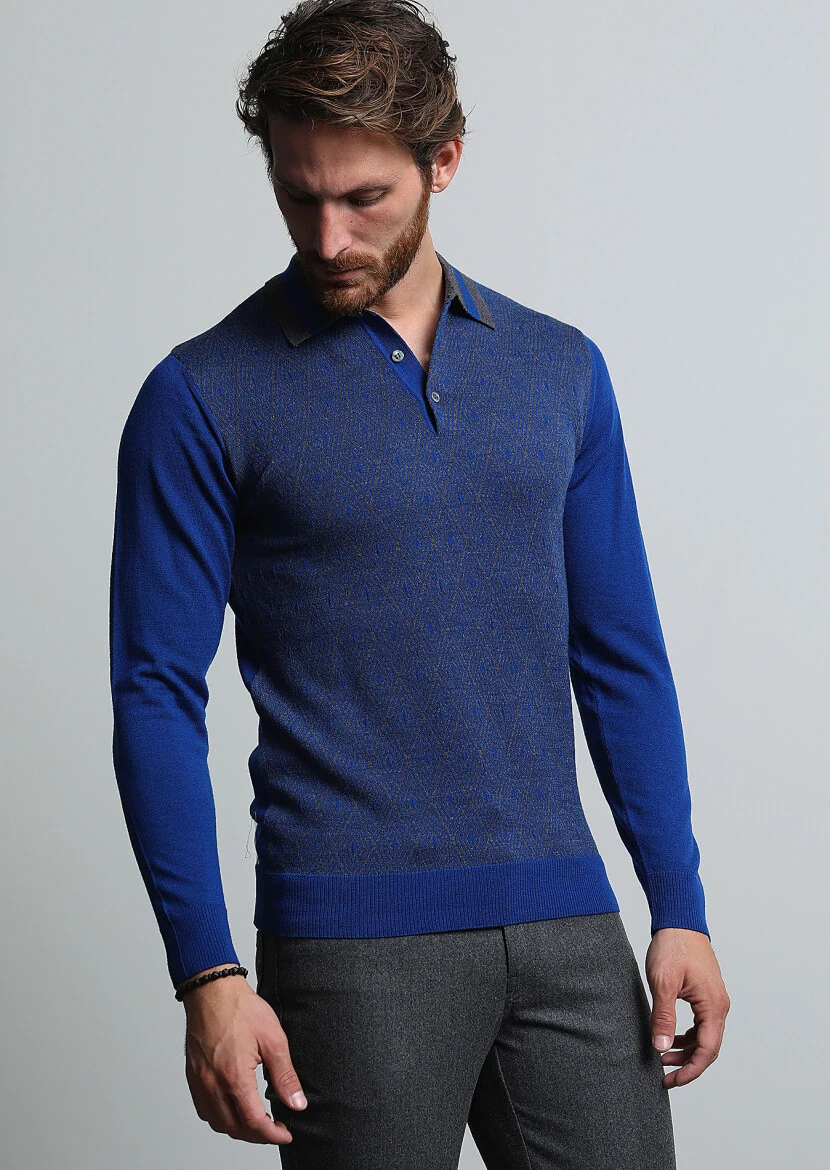 İndigo Polo Yaka Jakarlı %100 Yün Triko Kazak - 2