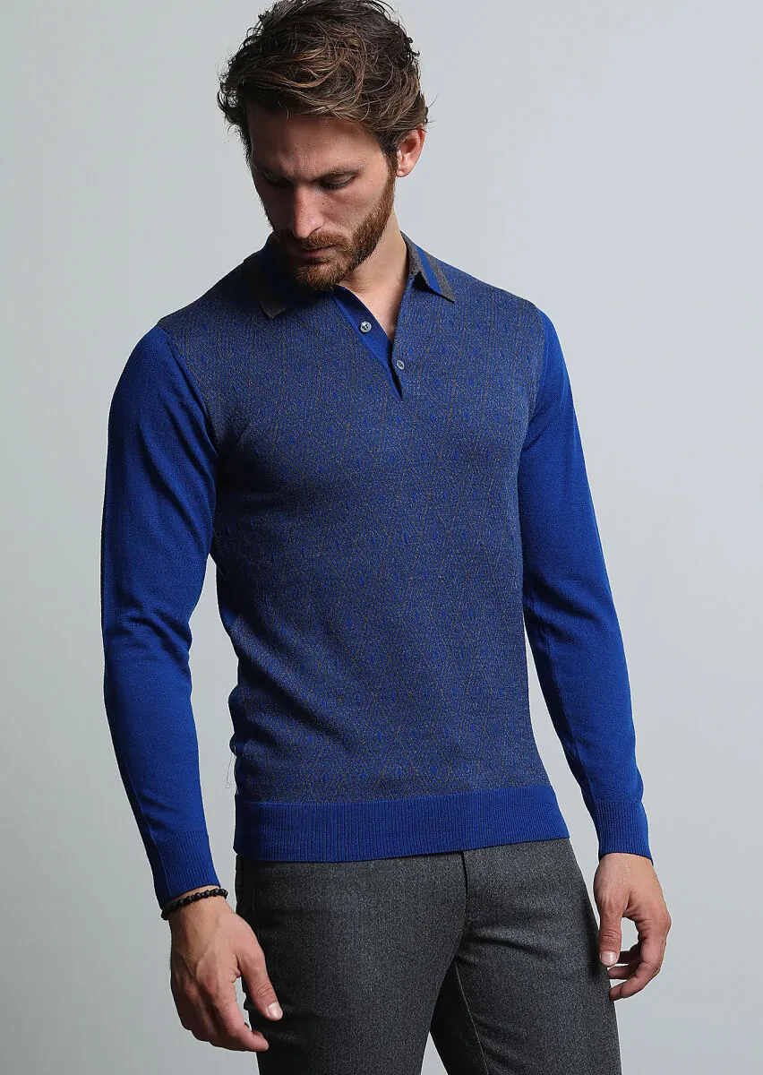 İndigo Polo Yaka Jakarlı %100 Yün Triko Kazak - 2