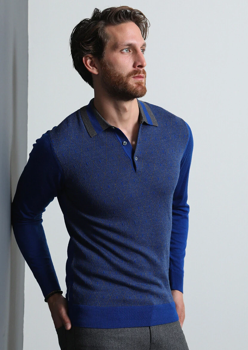 İndigo Polo Yaka Jakarlı %100 Yün Triko Kazak - 3
