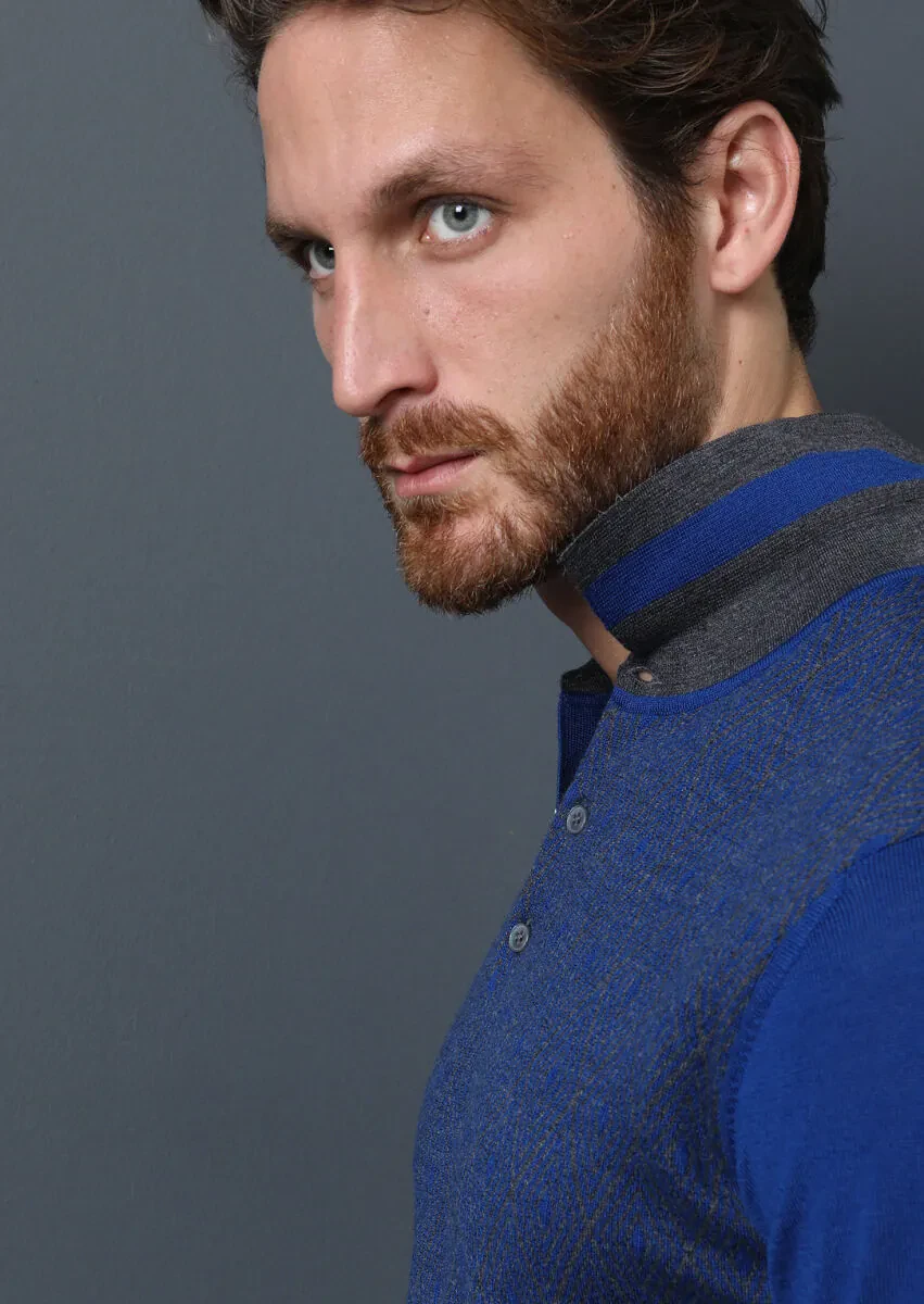 İndigo Polo Yaka Jakarlı %100 Yün Triko Kazak - 4