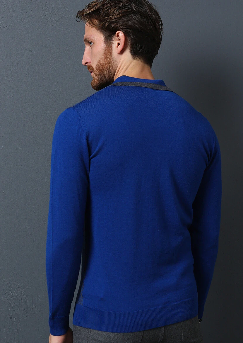 İndigo Polo Yaka Jakarlı %100 Yün Triko Kazak - 5