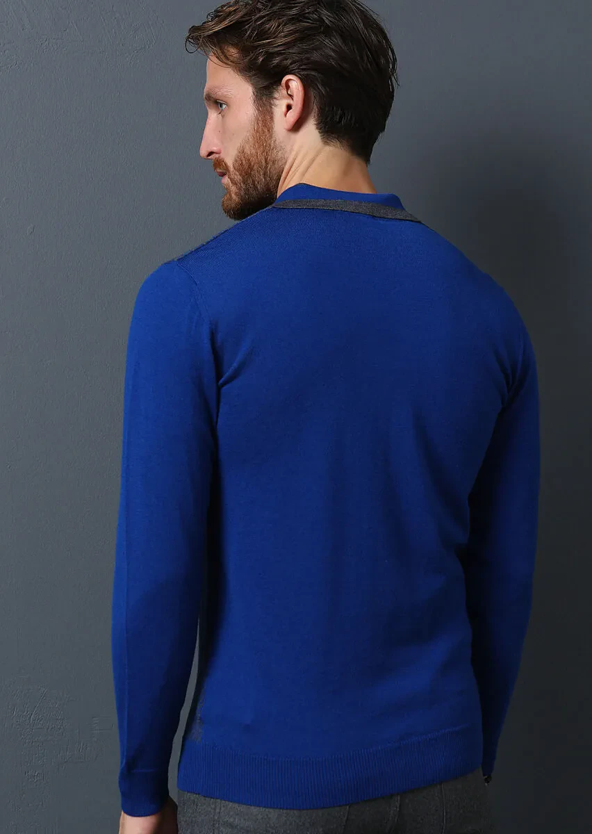 İndigo Polo Yaka Jakarlı %100 Yün Triko Kazak - 5