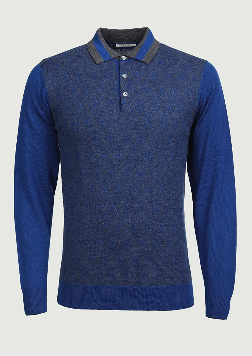 İndigo Polo Yaka Jakarlı %100 Yün Triko Kazak - 6