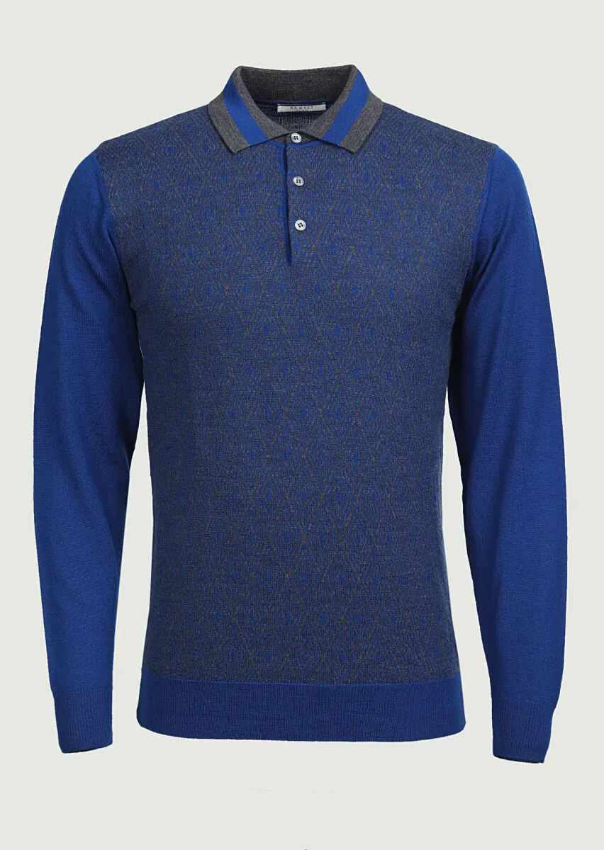 İndigo Polo Yaka Jakarlı %100 Yün Triko Kazak - 6