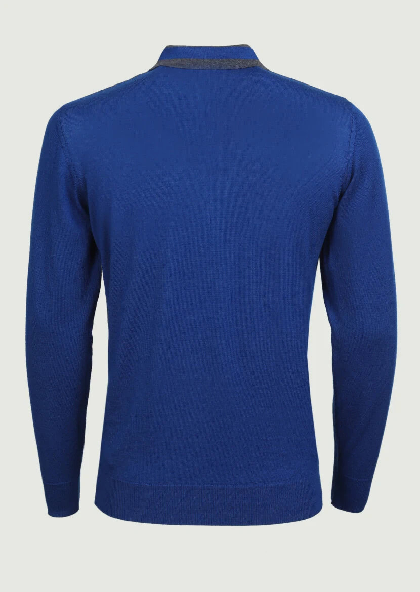 İndigo Polo Yaka Jakarlı %100 Yün Triko Kazak - 7