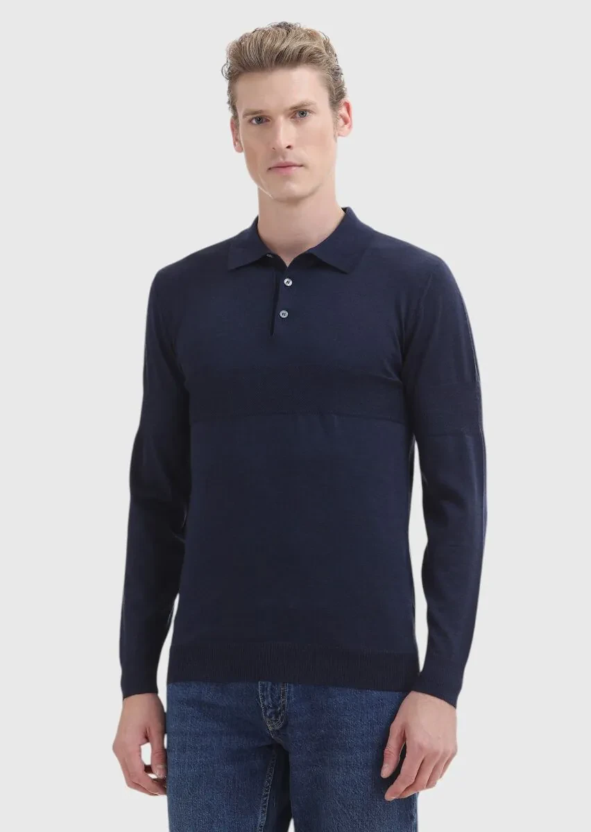 İndigo Polo Yaka Jakarlı %100 Yün Triko Kazak - 2