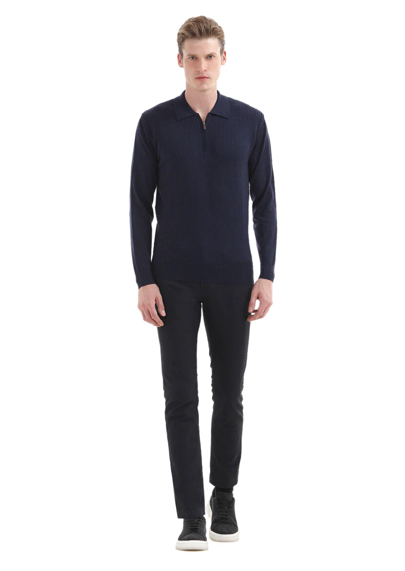 İndigo Polo Yaka Jakarlı %100 Yün Triko Kazak - 1