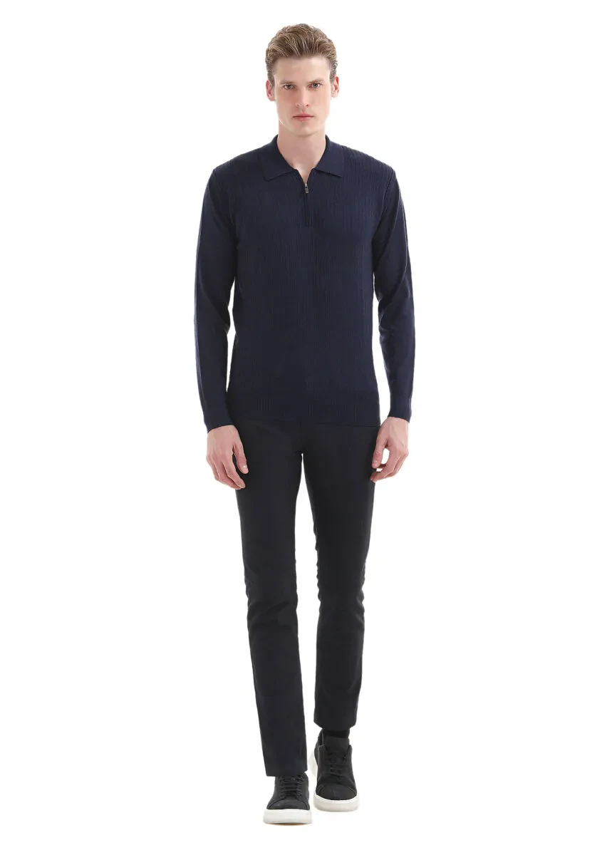 İndigo Polo Yaka Jakarlı %100 Yün Triko Kazak - 1