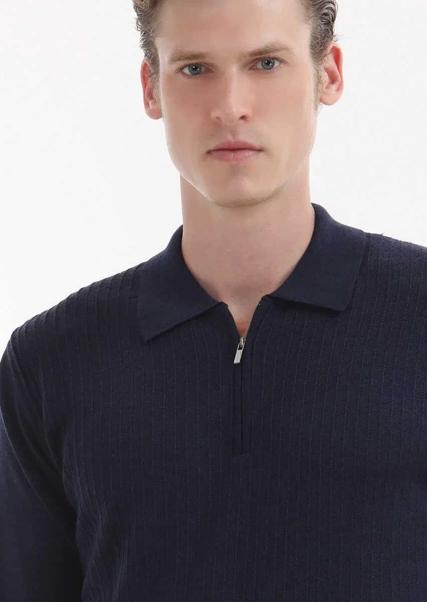İndigo Polo Yaka Jakarlı %100 Yün Triko Kazak - 3