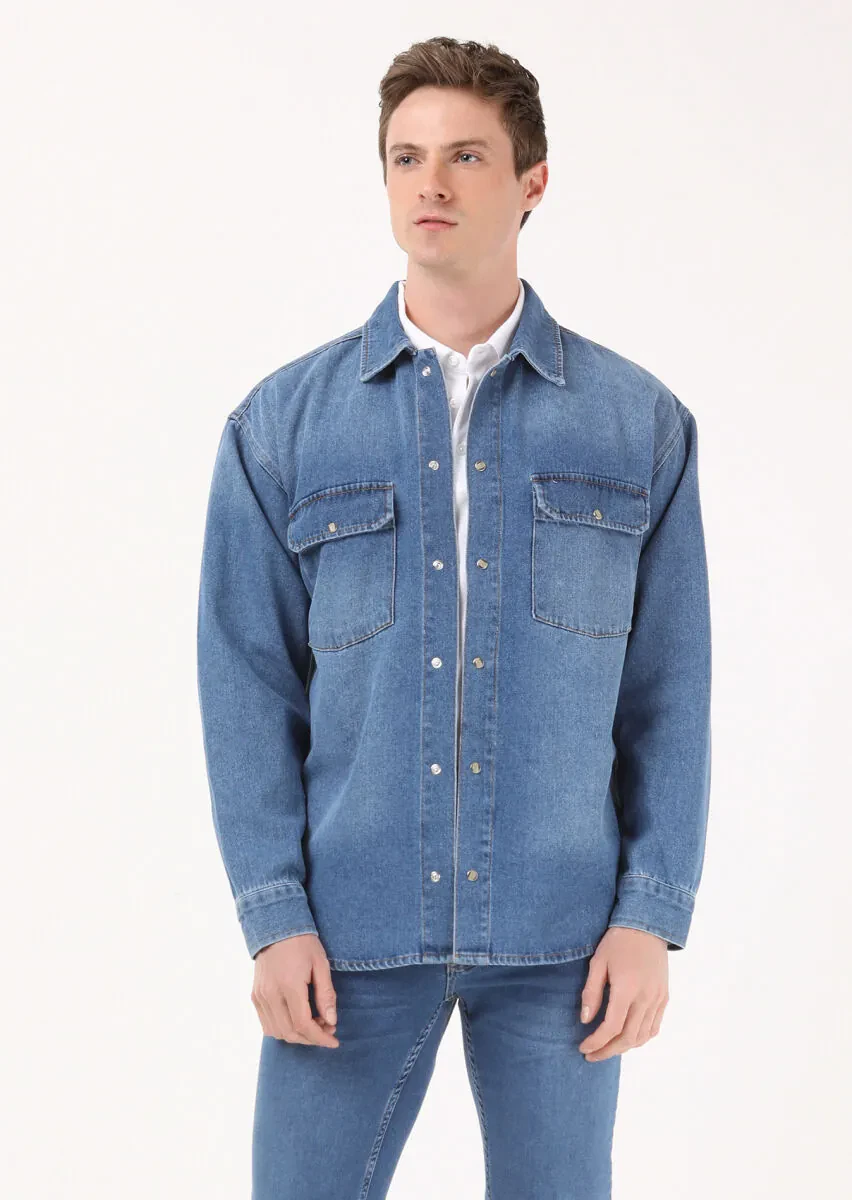 İndigo Regular Fit Denim %100 Pamuk Gömlek - 1