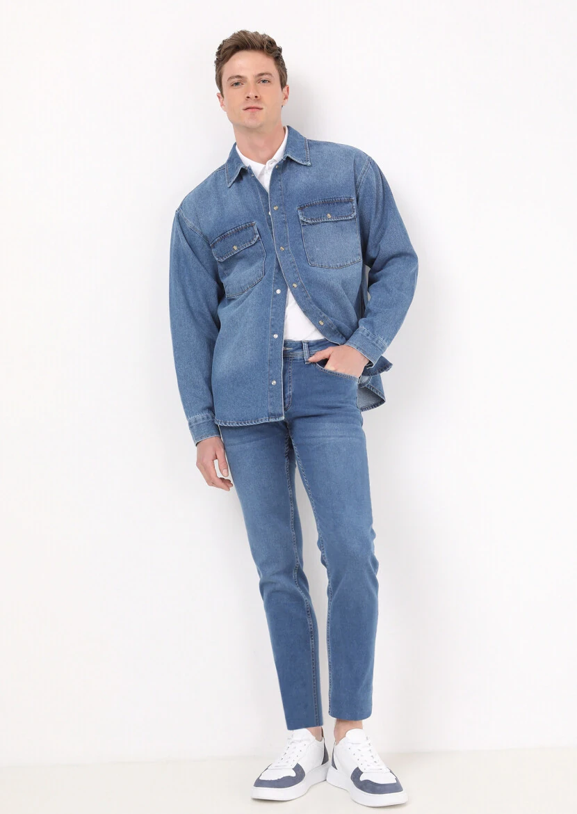 İndigo Regular Fit Denim %100 Pamuk Gömlek - 2