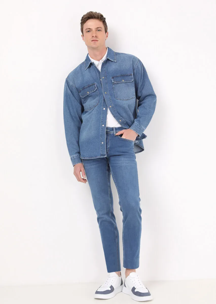 İndigo Regular Fit Denim %100 Pamuk Gömlek - 2