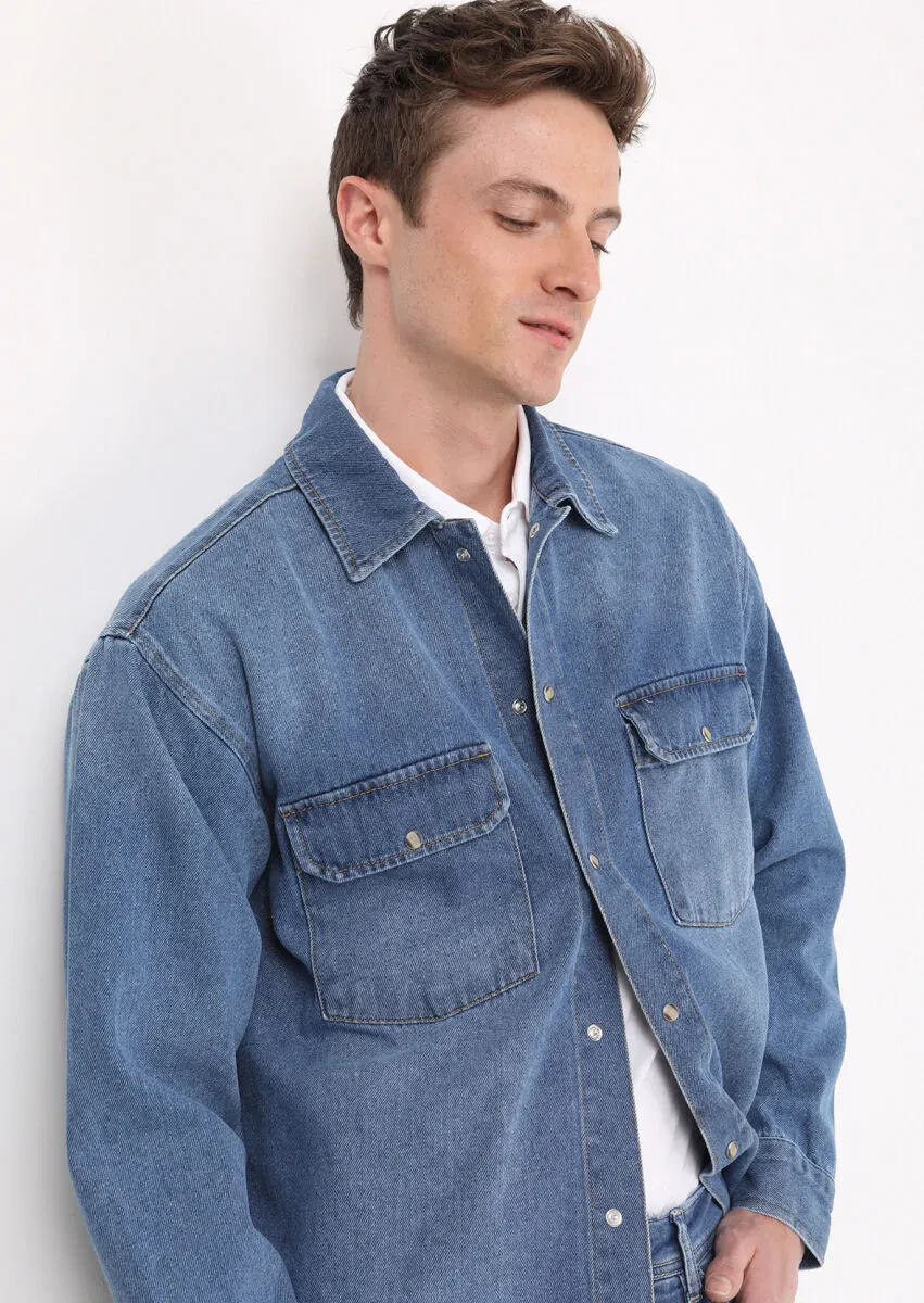 İndigo Regular Fit Denim %100 Pamuk Gömlek - 3