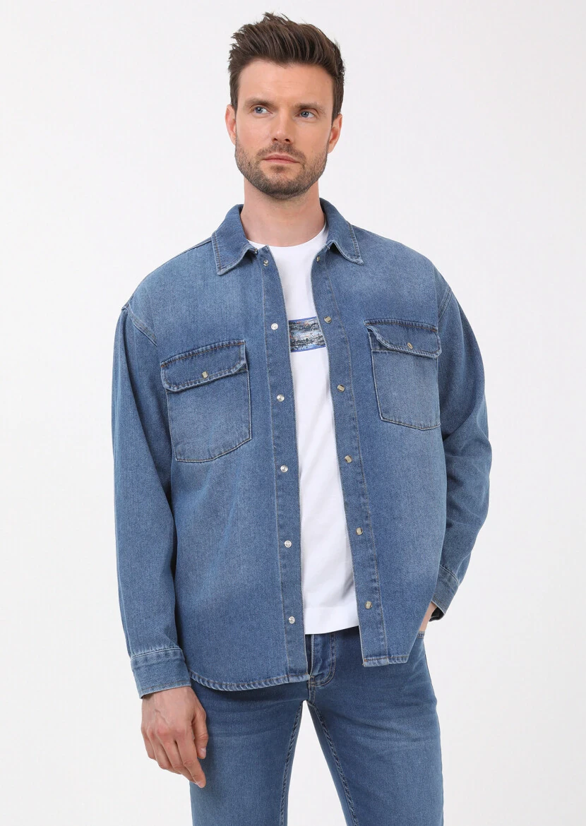 İndigo Regular Fit Denim %100 Pamuk Gömlek - 4