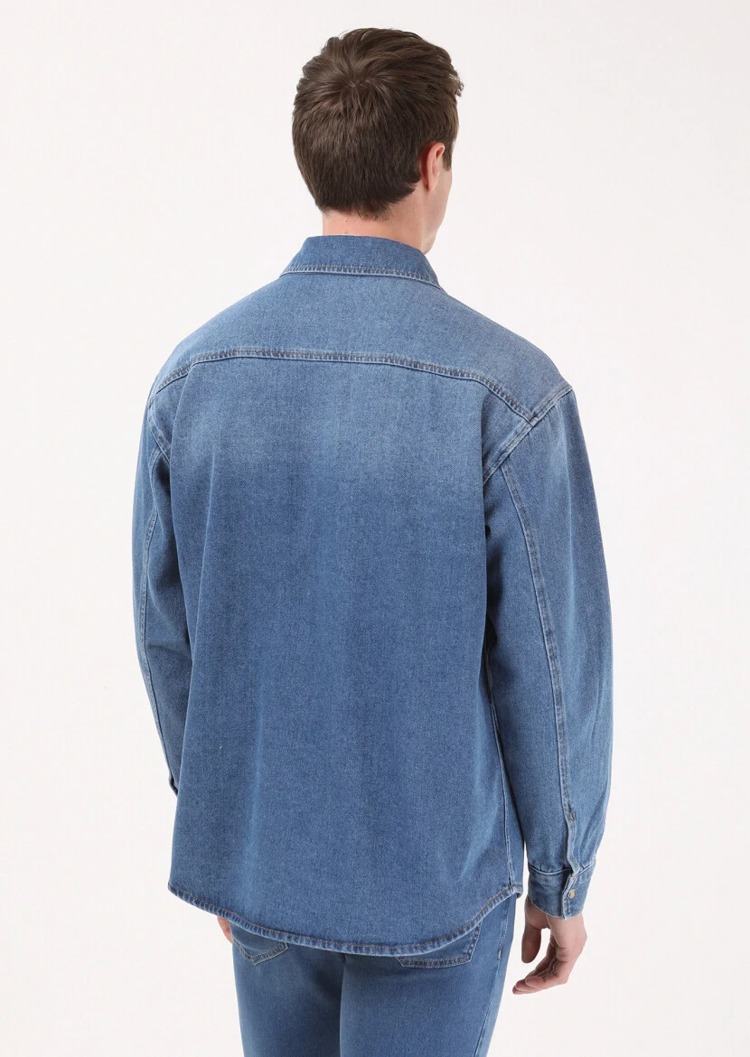 İndigo Regular Fit Denim %100 Pamuk Gömlek - 5