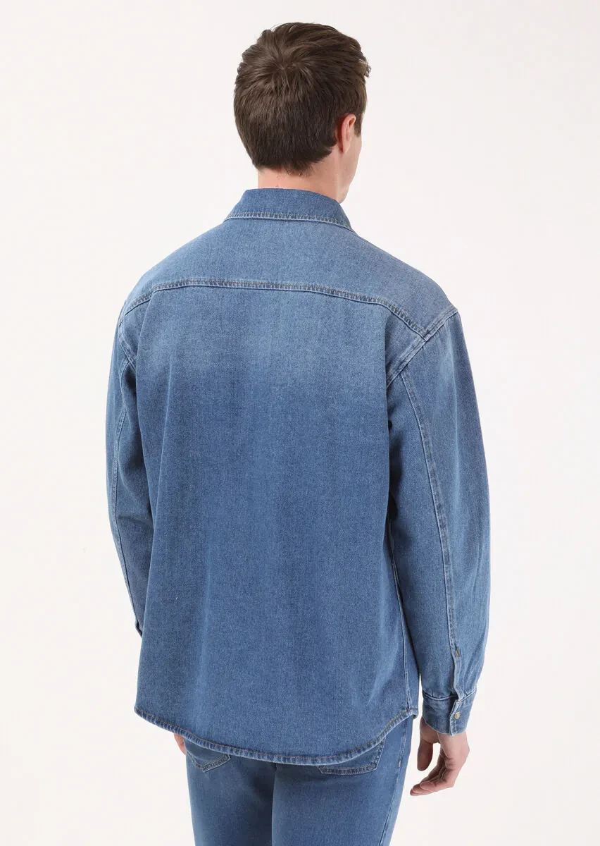 İndigo Regular Fit Denim %100 Pamuk Gömlek - 5