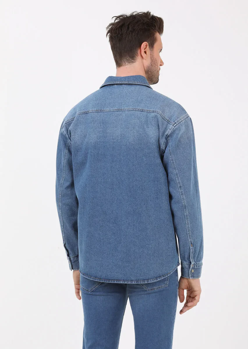 İndigo Regular Fit Denim %100 Pamuk Gömlek - 6