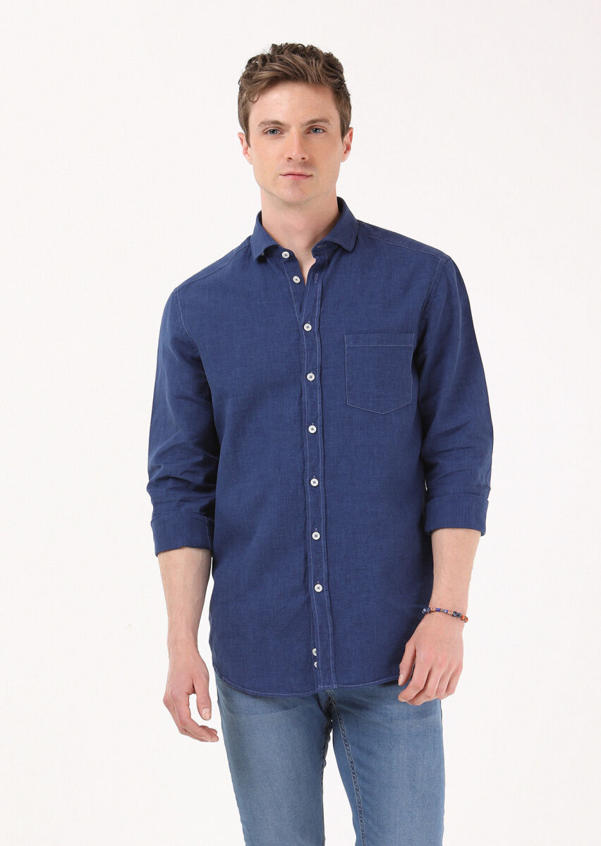 İndigo Regular Fit Dokuma Casual Pamuk Karışımlı Gömlek - 1