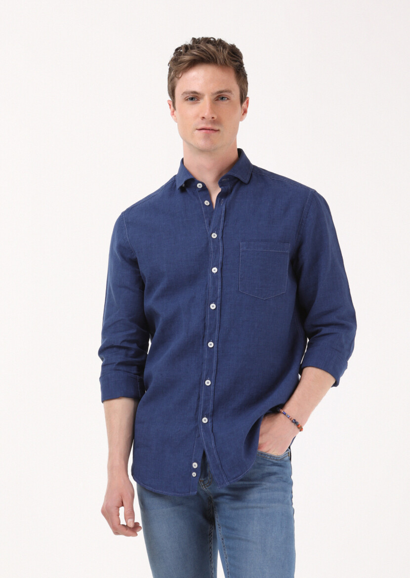 İndigo Regular Fit Dokuma Casual Pamuk Karışımlı Gömlek - 3