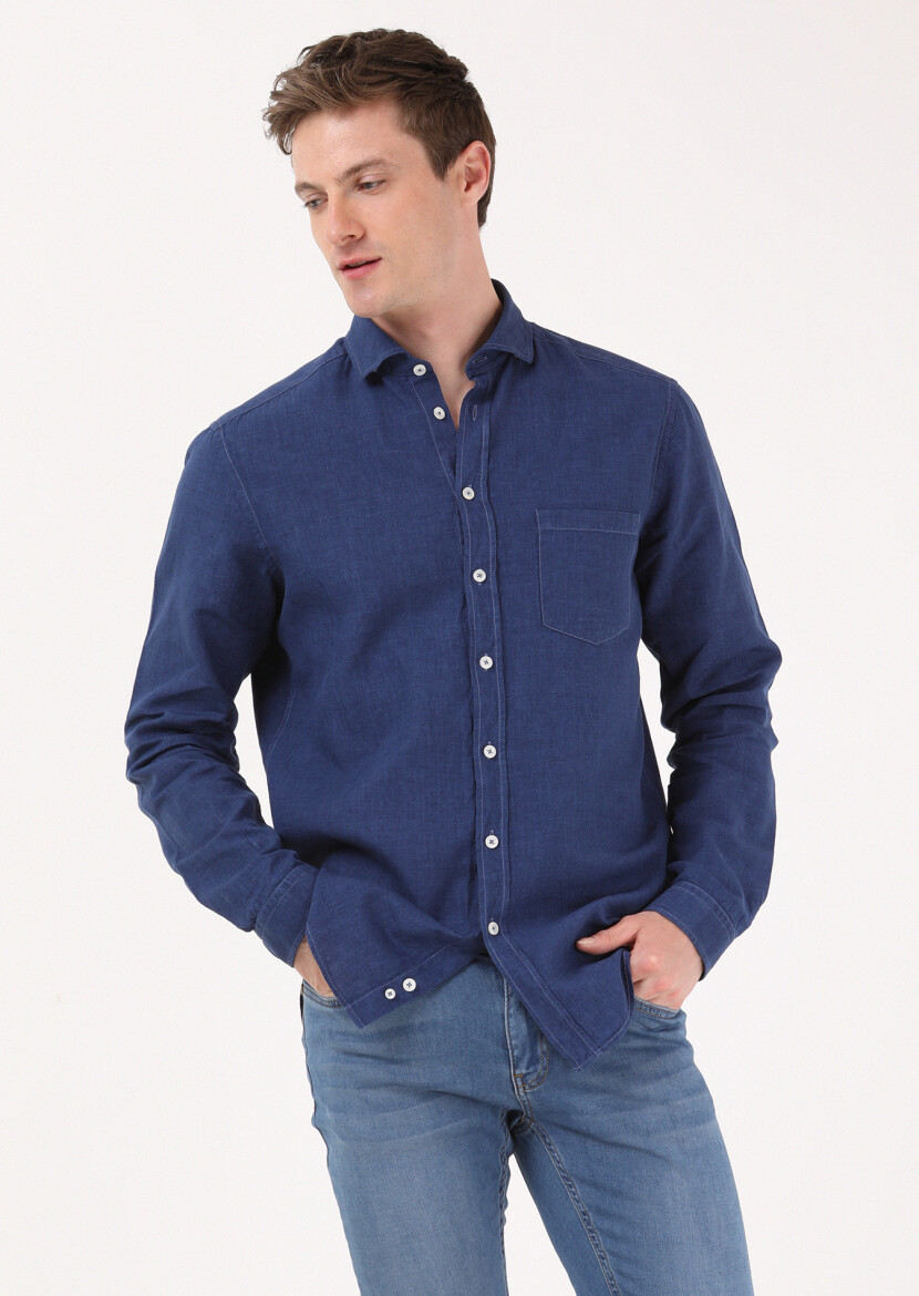 İndigo Regular Fit Dokuma Casual Pamuk Karışımlı Gömlek - 4