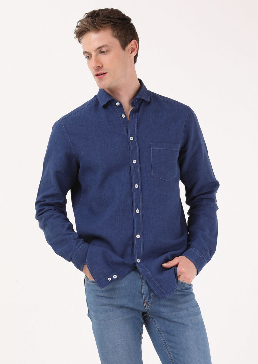 İndigo Regular Fit Dokuma Casual Pamuk Karışımlı Gömlek - 4
