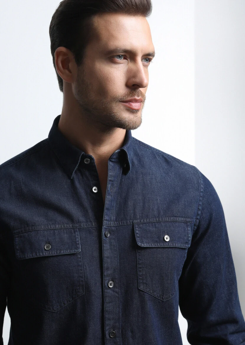 İndigo Regular Fit Dokuma Denim %100 Pamuk Gömlek - 3