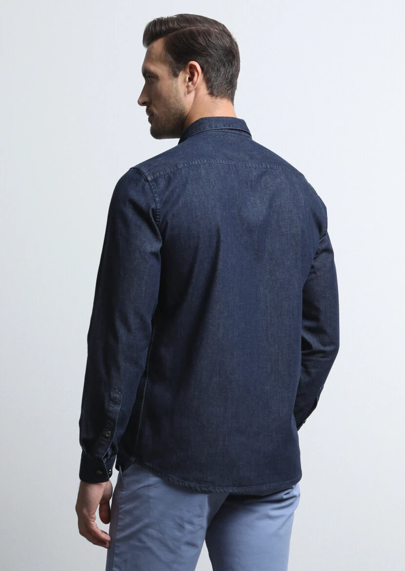 İndigo Regular Fit Dokuma Denim %100 Pamuk Gömlek - 5