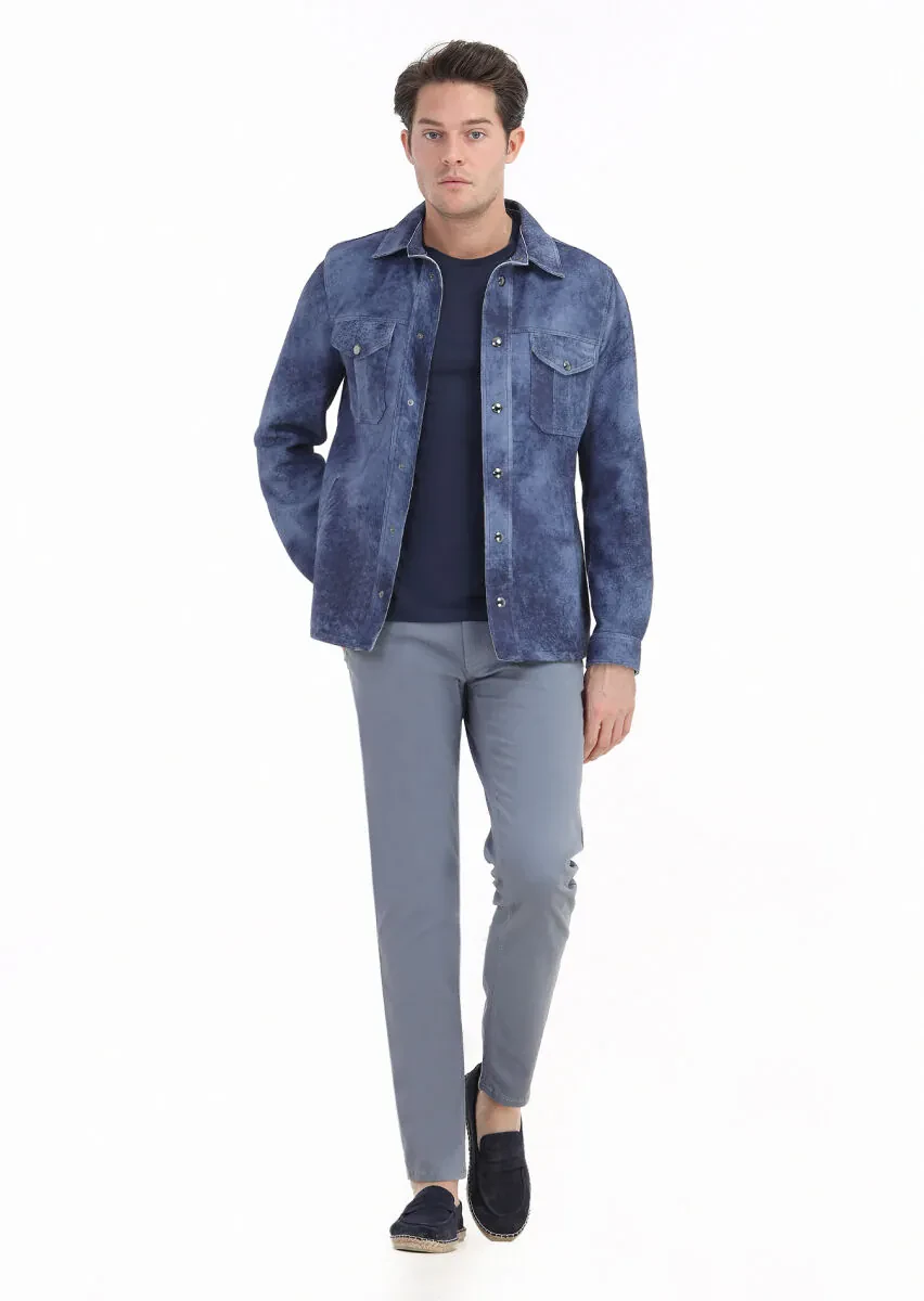 Indigo Regular Fit Shirt Collar Casual Suede Leather Coat - 1