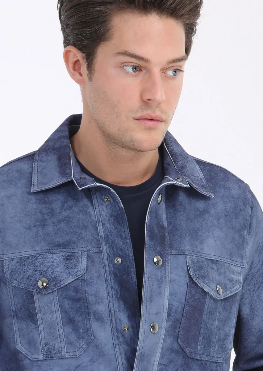 Indigo Regular Fit Shirt Collar Casual Suede Leather Coat - 3