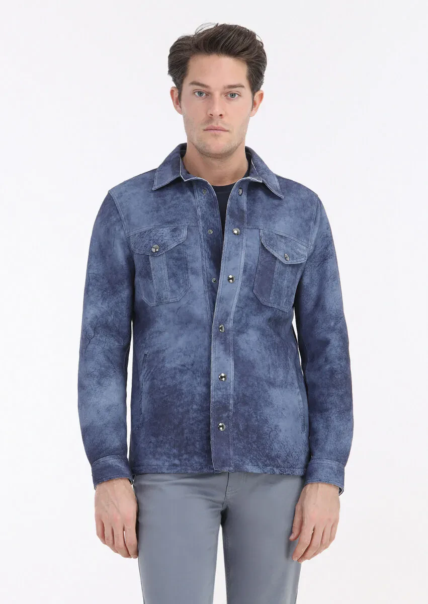 Indigo Regular Fit Shirt Collar Casual Suede Leather Coat - 4