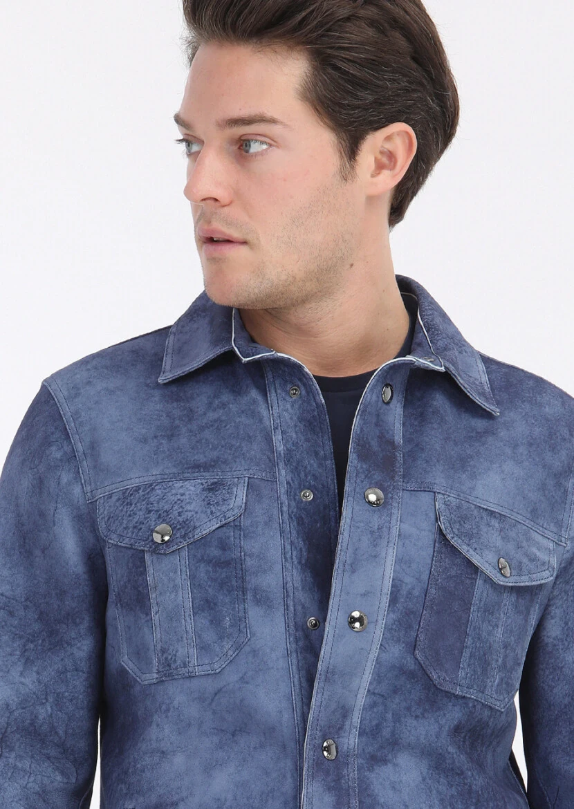 Indigo Regular Fit Shirt Collar Casual Suede Leather Coat - 5