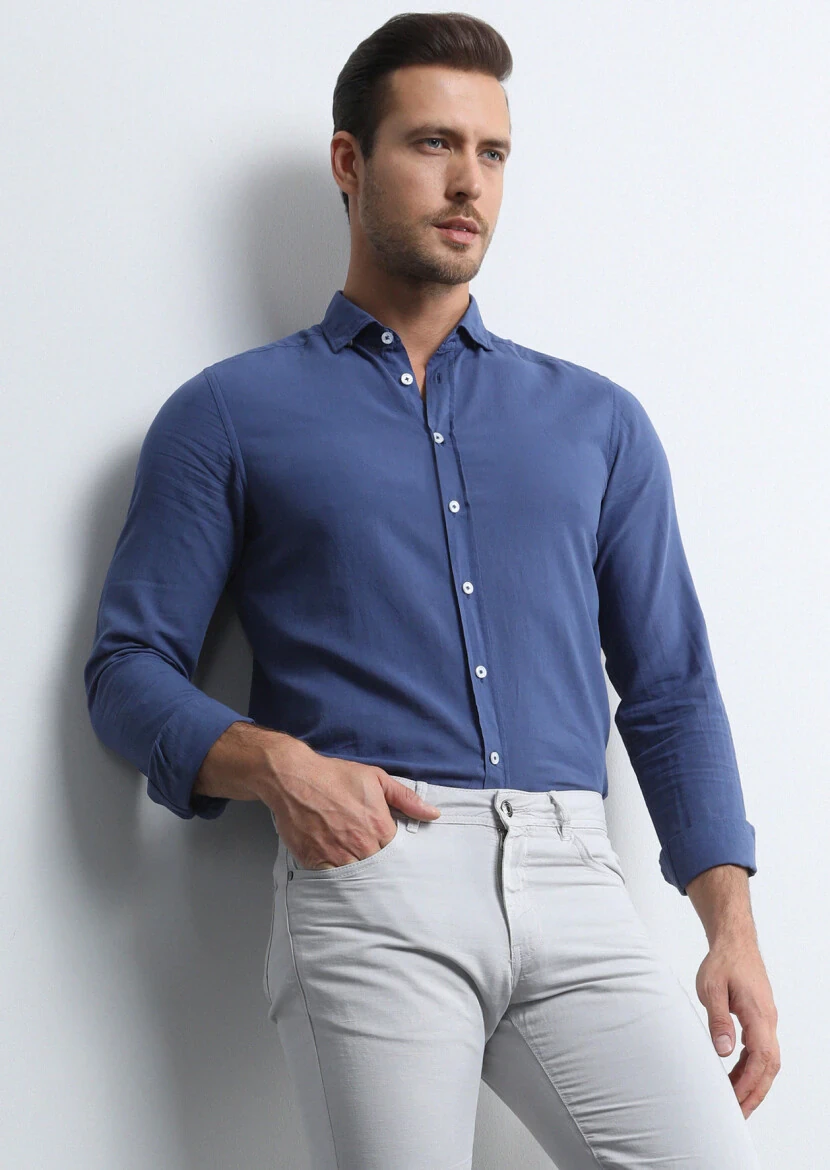 Indigo Regular Fit Weaving Denim 100% Cotton Shirt - 3